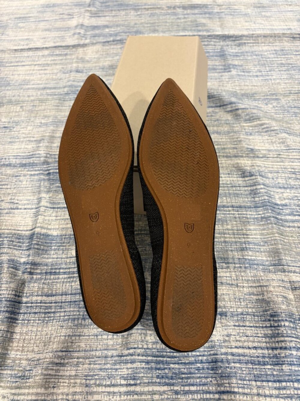 Rothy's Black Pointed Knit Flats with Blue Trim - Picture 6 of 8